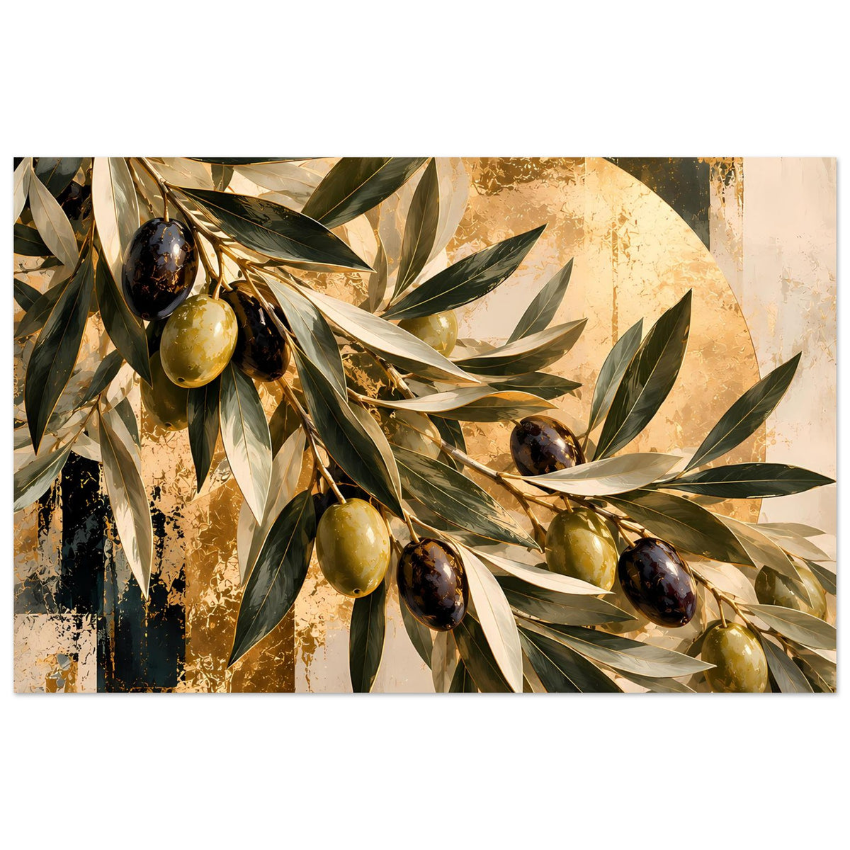 Botanisches Kunstposter mit Olivenzweigen in Grün und Gold, goldene und dunkle Oliven
