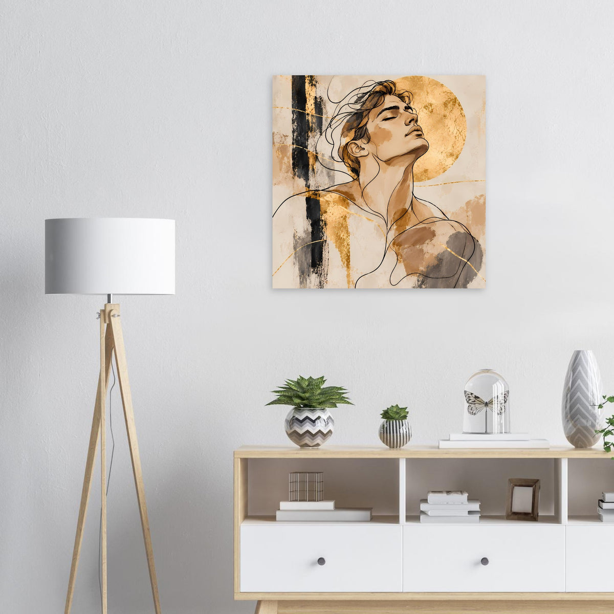 Portraitposter mit abstrakter Frau im warmen Beige, mit schwarzen Linien und Kreis