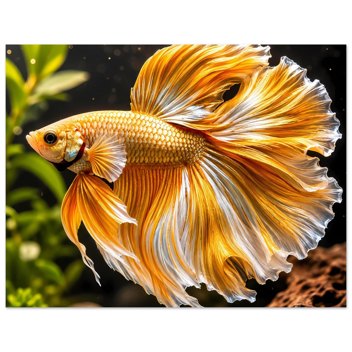 Poster mit goldenem Kampffisch, breite orange-gelbe Flossen und weißes Flossenende