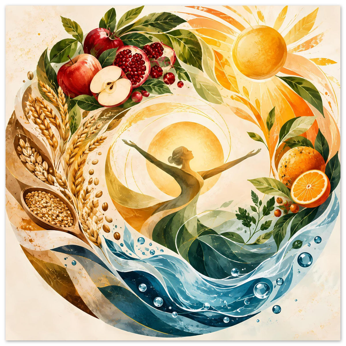 Horizontales Poster: Sonne über Erntefrüchten, Körnern, Blättern und Wellen mit Tropfen