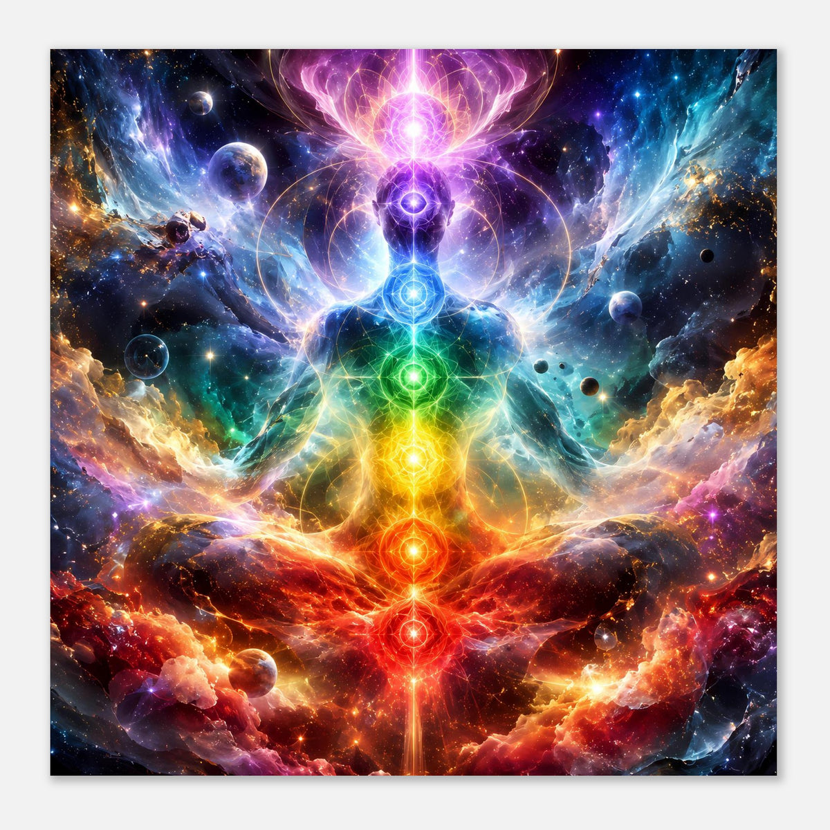 Chakra-Meditationsposter im quadratischen Format mit zentralem Leuchtchakra und Energie