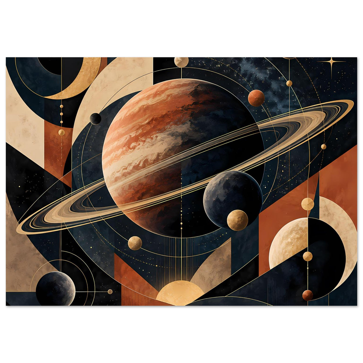 Rechteckiges Poster mit Planeten, Saturnring und abstrakten Bahnen in warmen Erdtönen und Dunkelblau.