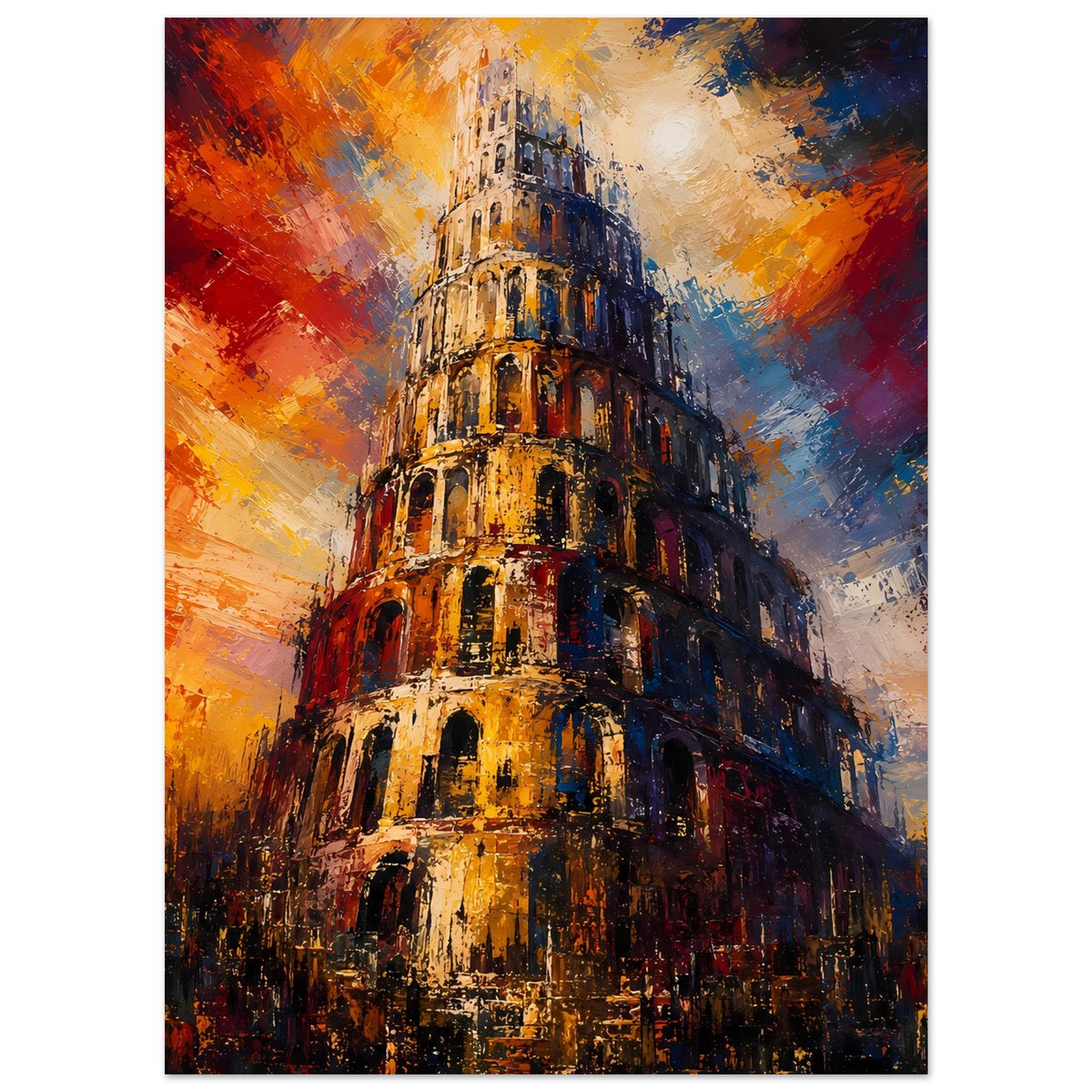 Vertikales Poster mit Babel-Turm-Gemäldeoptik in Orange, Gelb und Dunkelblau