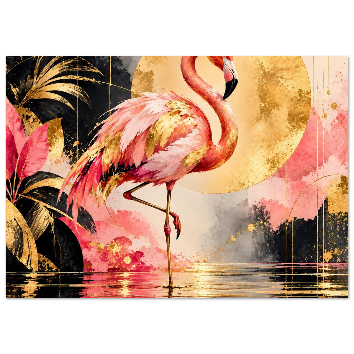 Tierposter mit Flamingo in Pink und Goldakzenten, goldene Kreisform und Wasserspiegel