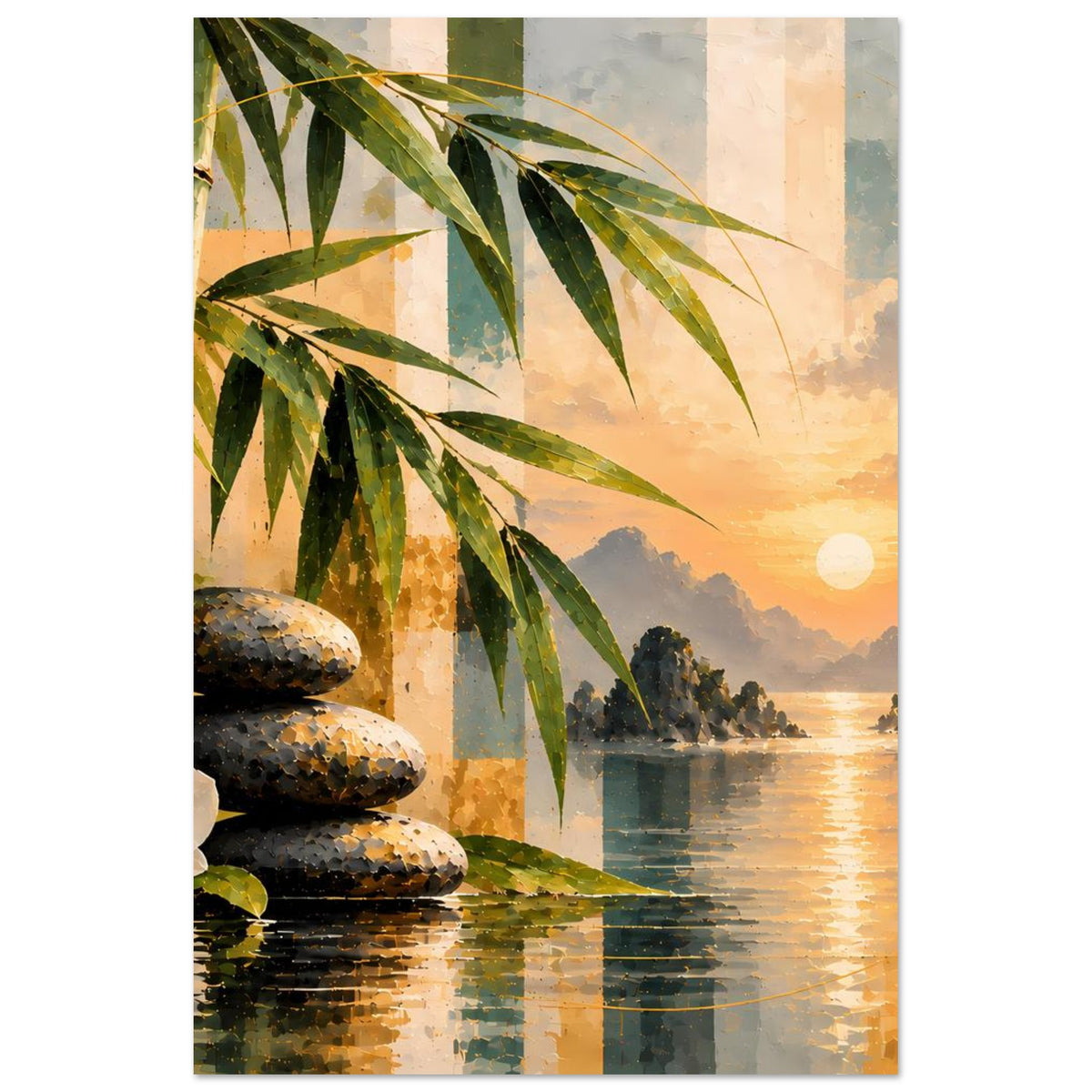 Poster mit Bambus, dunklem Stein-Stack und Sonnenuntergangslicht am Wasser