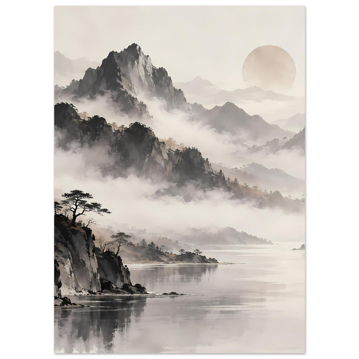 Hochformat-Poster: Schwarzweiß-Berge mit Nebel, See und rundem Mond, mit sichtbarem Rand