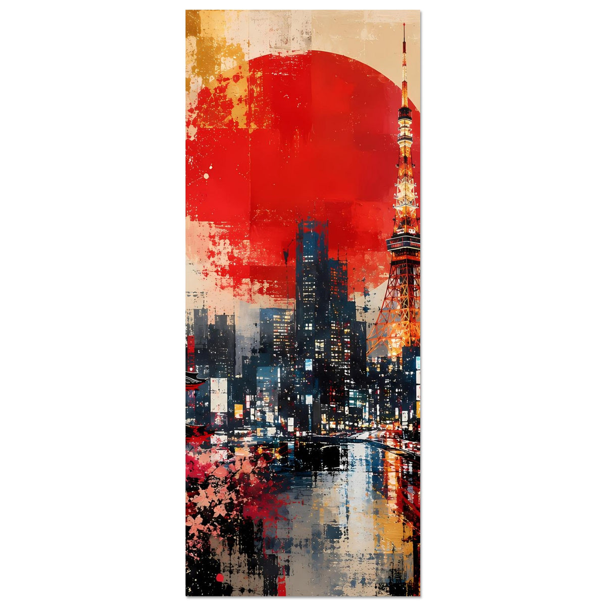 Abstraktes Poster im Hochformat: roter Sonnenkreis, Tokyo Tower und dunkle Skyline