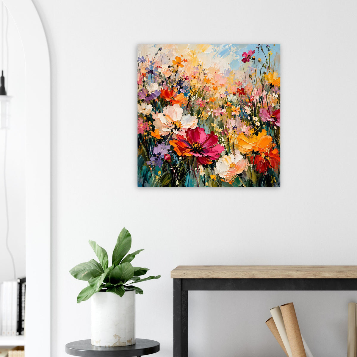Blumenposter mit gemischten Blüten in Orange, Pink und kräftigen Farbtupfern