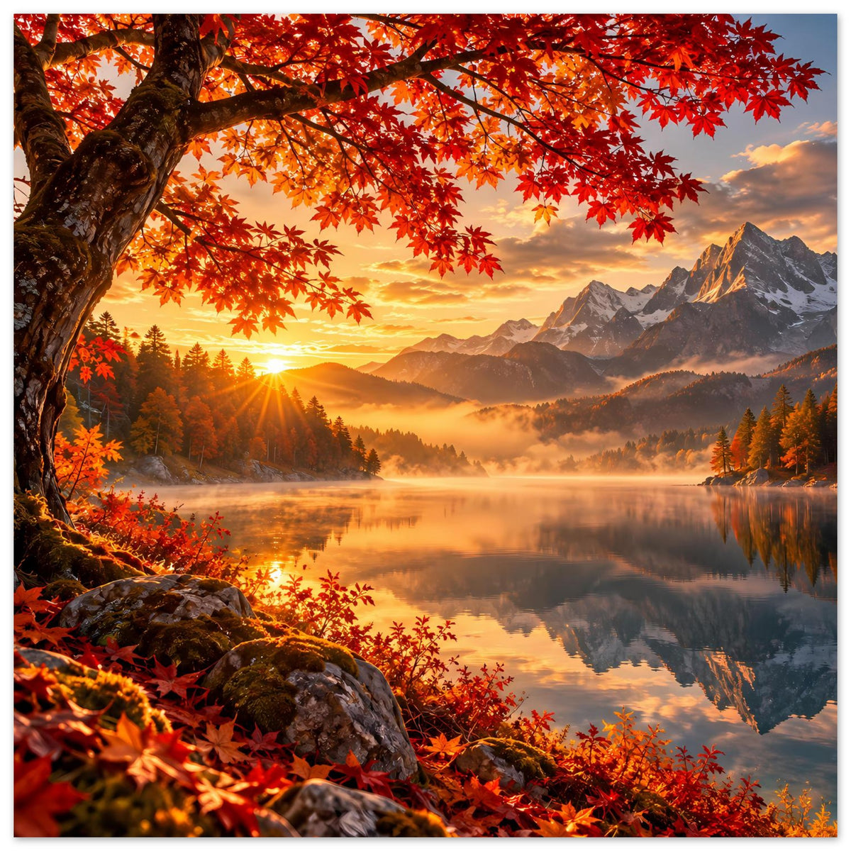 Herbstliches Sonnenaufgangs-Poster hochkant mit Sonnenaufgang, Bergkette, See und roten Blättern