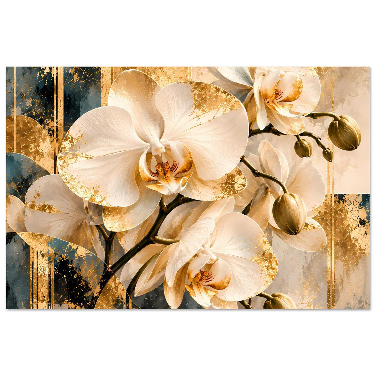 Orchideen-Poster mit weißen Orchideen und goldenen Akzenten, dekoratives Florendesign