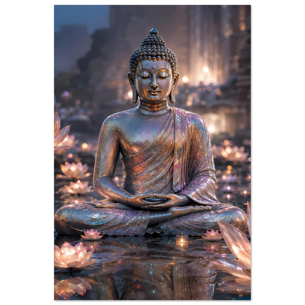 Buddha-Meditationsposter (vertikal): goldener Buddha in Meditation mit leuchtenden Lotusblüten