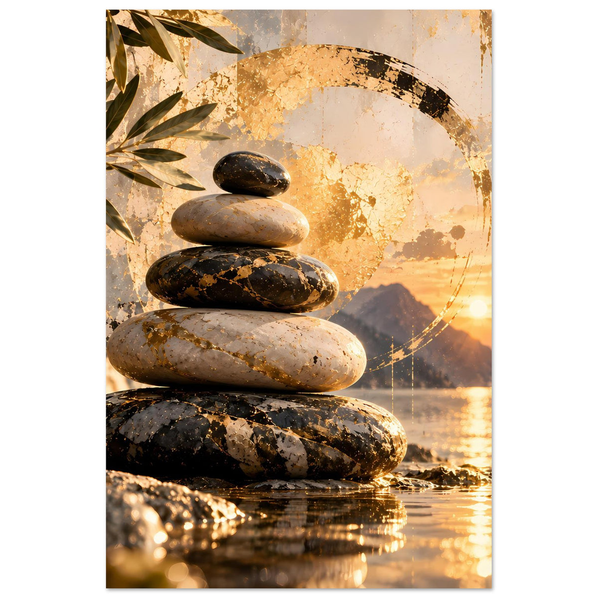 Zen-Poster mit Stapel dunkler und heller Steine, goldener Kreisgrafik und Palmenblatt