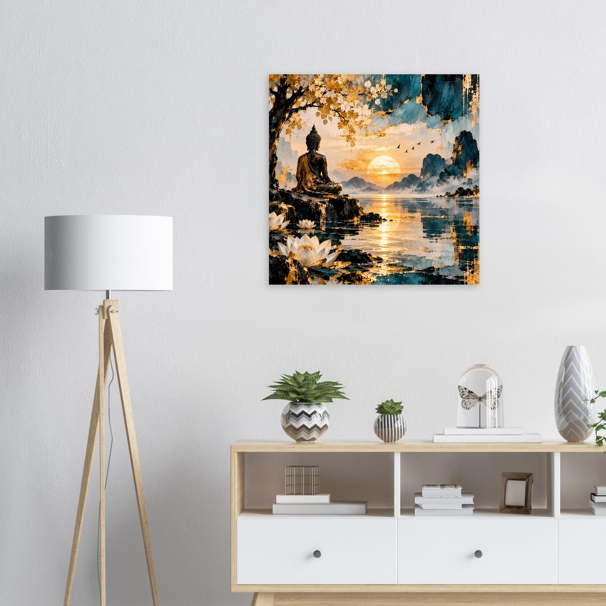 Poster mit Buddhafigur auf Felsen am Wasser, Sonnenuntergang in Gold- und Blautönen.