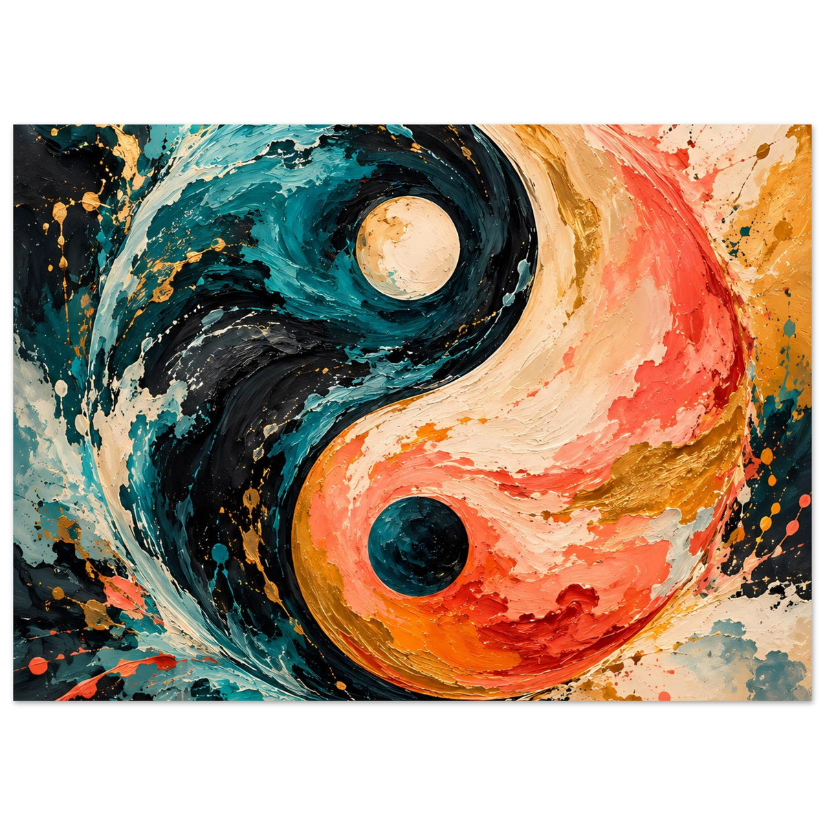 Abstraktes Yin-Yang-Poster im Querformat mit Farb-Spritzern in Türkis, Orange, Creme und Schwarz