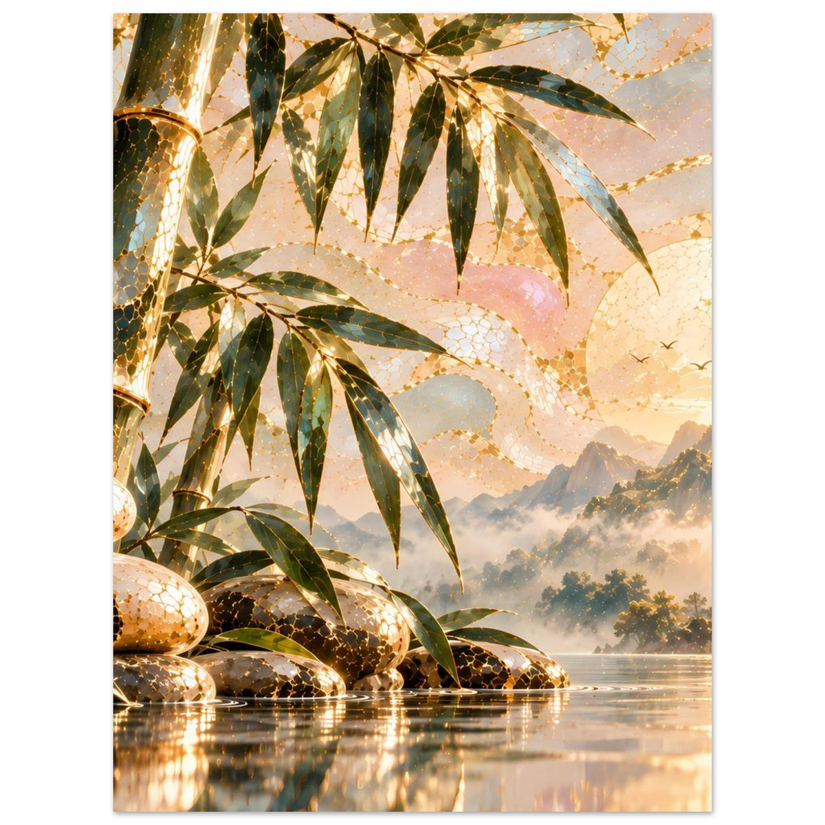 Zen-Poster mit goldenen Bambusblättern, Wasserlauf, glatten Steinen und ruhiger Landschaft