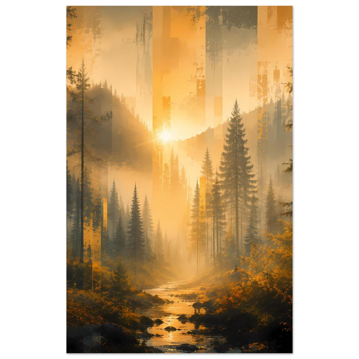 Wandposter Waldfluss und Tannen im Sonnenaufgang, goldener Dunst, Hochformat