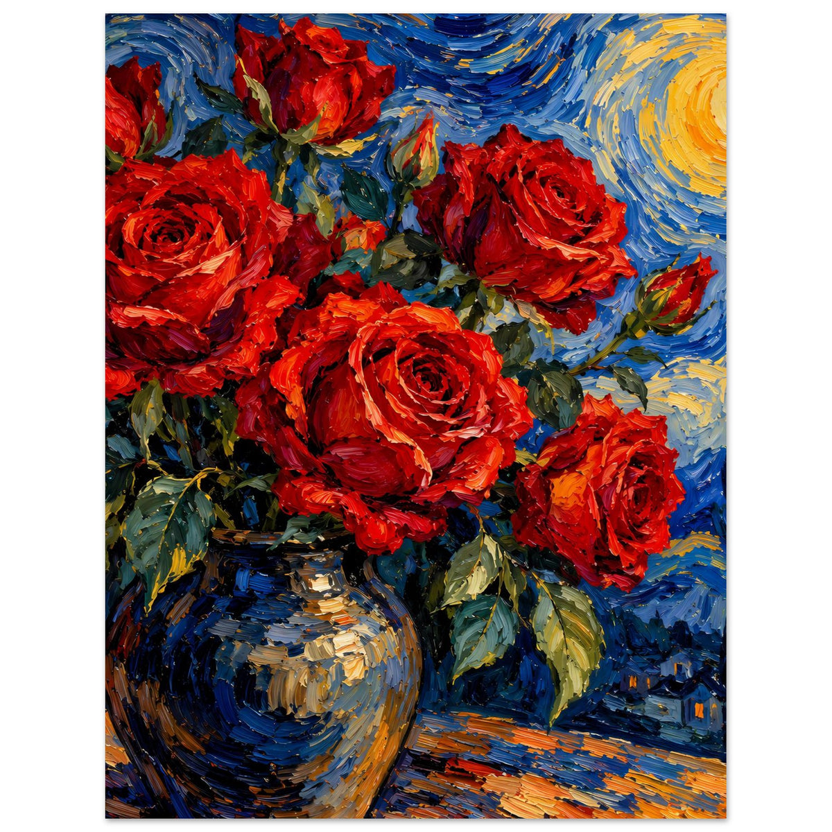Poster im Hochformat mit roten Rosen, Vase und gelbem Mond im Blau