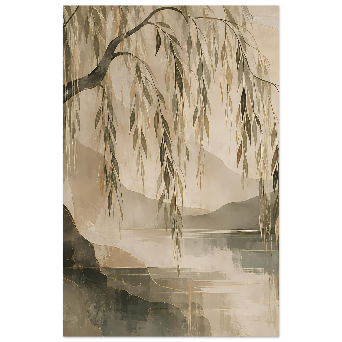 Kunstposter mit Trauerweide über ruhigem Wasser, sanfte Erdfarben, rechteckig