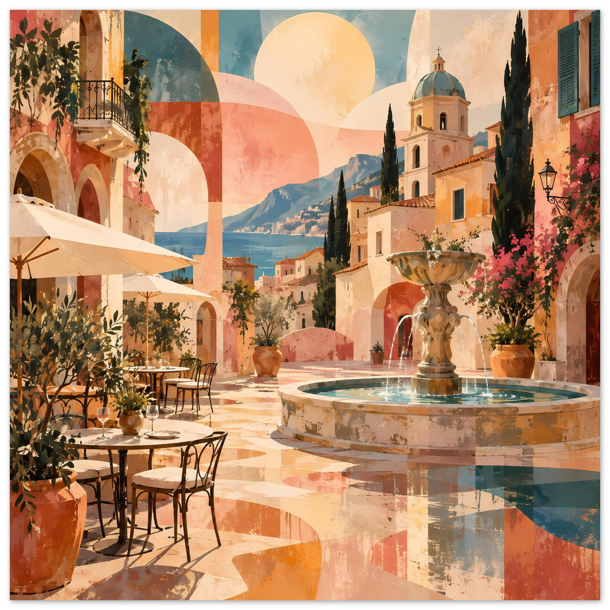 Poster mit mediterraner Terrasse, Rundbrunnen und warmen Pastellfarben im Vintage-Look
