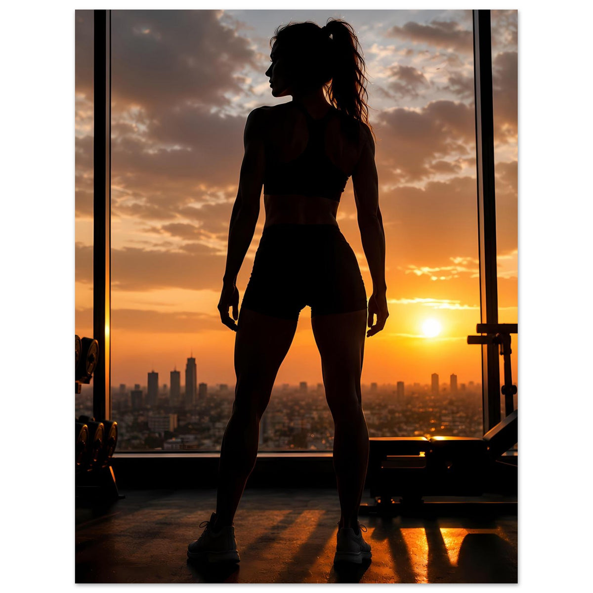 Fitness-Poster mit stehender Silhouette einer Sportlerin in Sportoutfit am Abendhimmel.