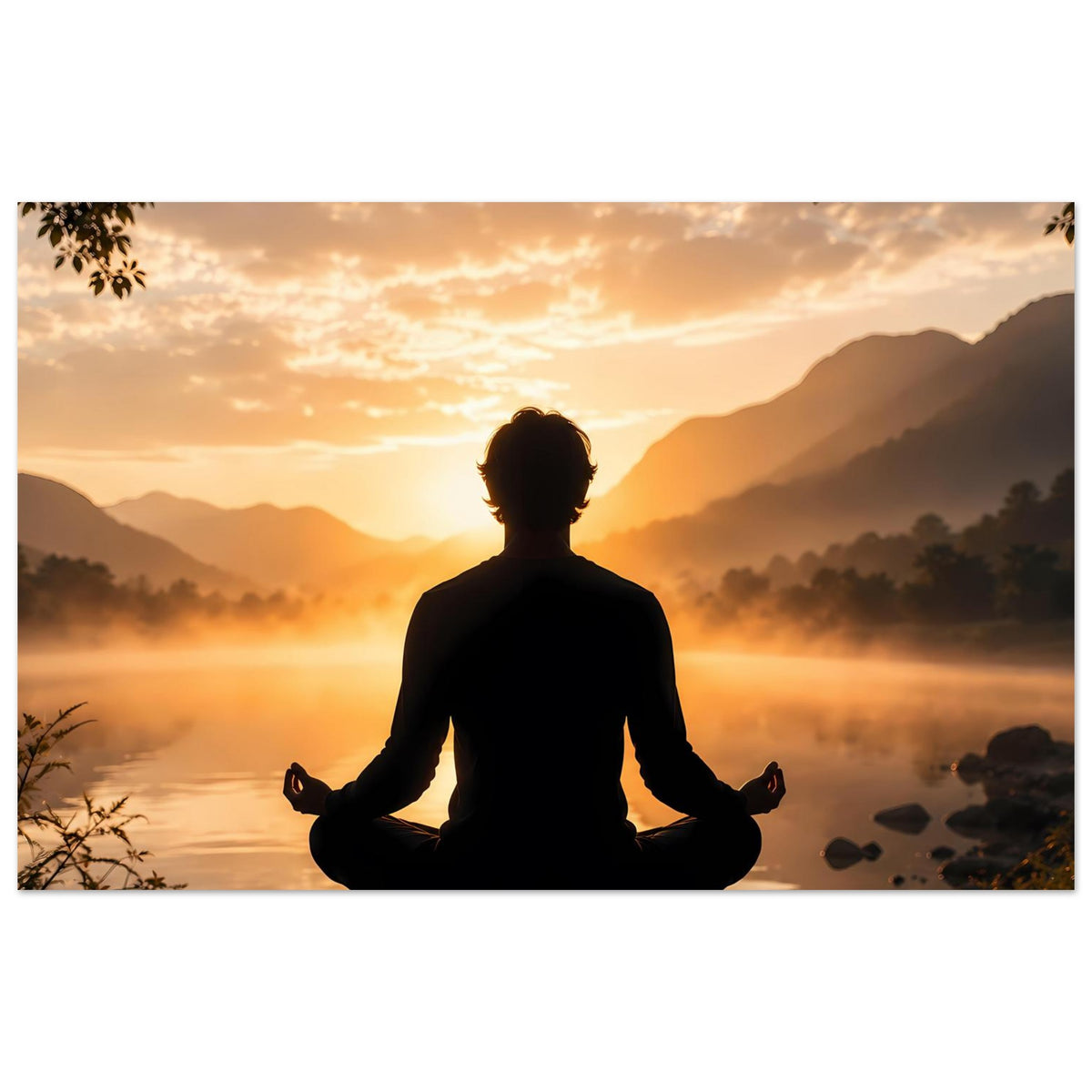 Zen-Meditationsposter im Querformat: meditierende Silhouette vor Sonnenaufgang über See und Bergen.