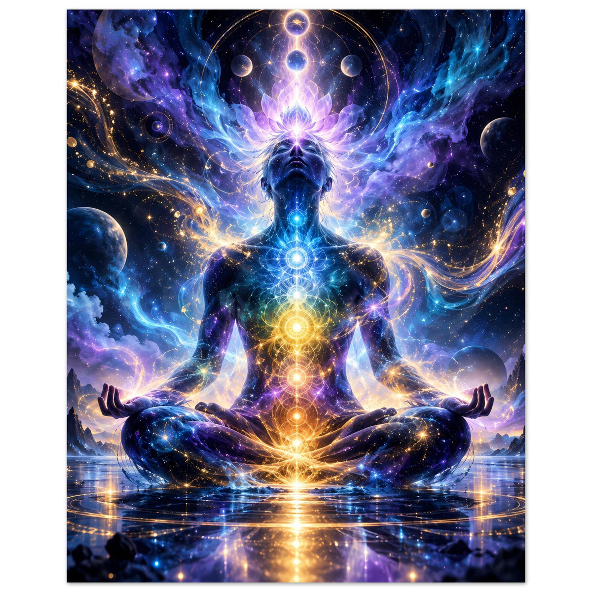 Spirituelles Poster im Hochformat: meditierende Chakra-Figur mit schwebenden Symbolen und Flammenlicht