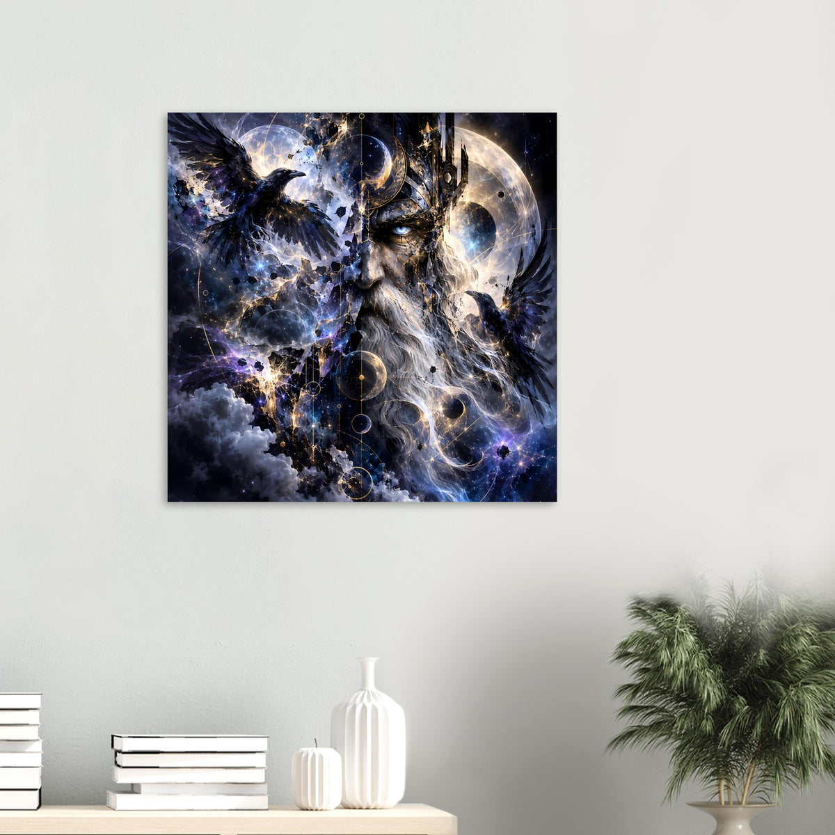 Fantasy-Poster: Sagenkönig-Gesicht, Rabe, Sterne und Mondsichel im Hintergrund