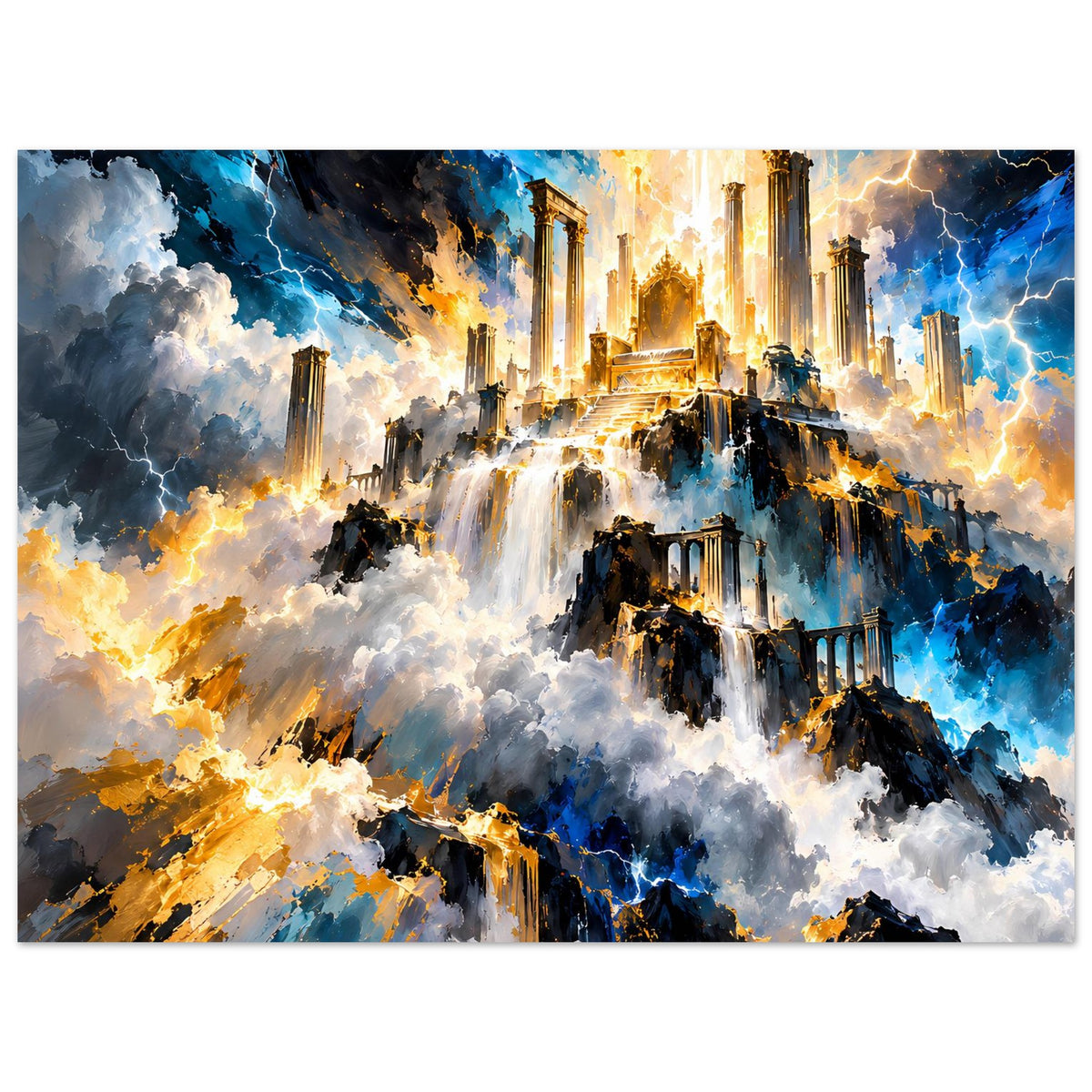 Fantasy-Poster im Querformat: Wasserfälle, Säulenruinen und leuchtend goldene Atmosphäre