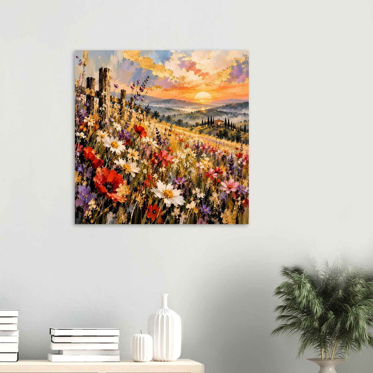 Gerahmtes Poster mit blühender Wiese, Mohnblumen und dramatischem Himmel bei Sonnenuntergang