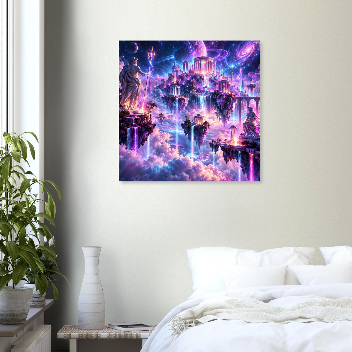 Fantasy-Poster: schwebende Inseln mit antiken Tempeln und Wasserfällen, violett auf blauem Himmel