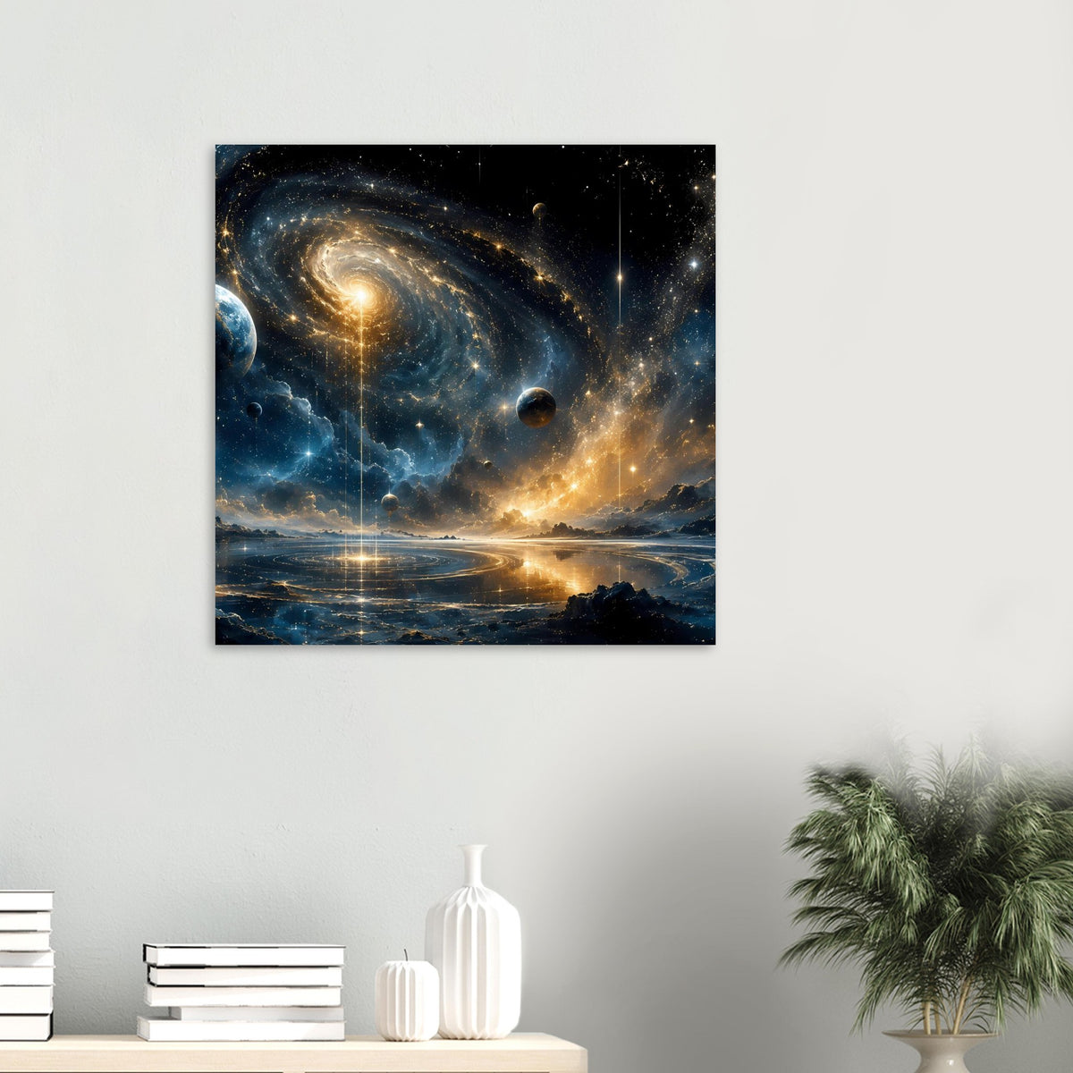 Wandposter mit Spiralgalaxie, Sternen und Planeten über glühendem Horizont