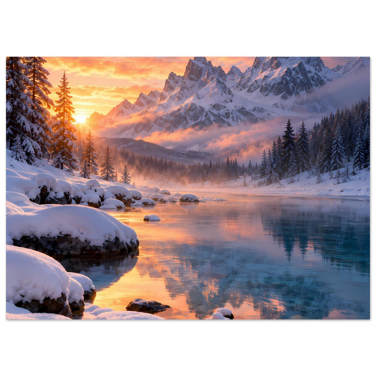 Winterlandschaft-Poster mit verschneiten Felsen, Tannen und Bergen bei Sonnenaufgang, Querformat