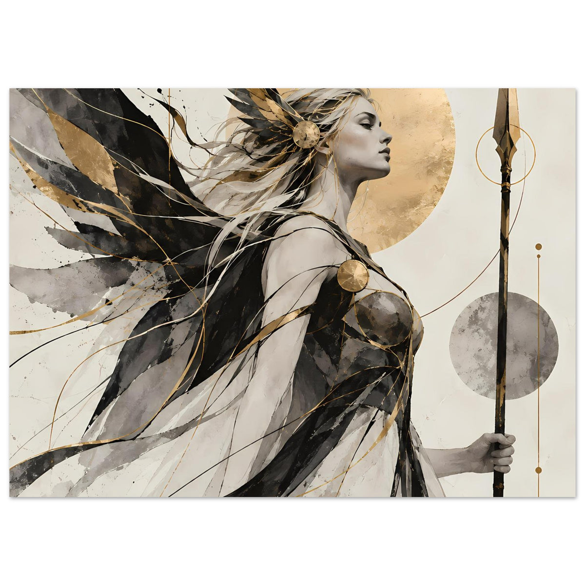 Horizontales Kunstposter mit Kriegerin, dunkler Federstruktur links, goldene Kreise und Speer rechts