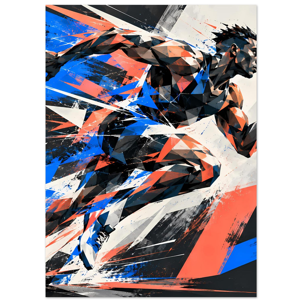 Poster mit abstraktem Läufer und Scherbenoptik, Blau, Orange, Schwarz und Weiß