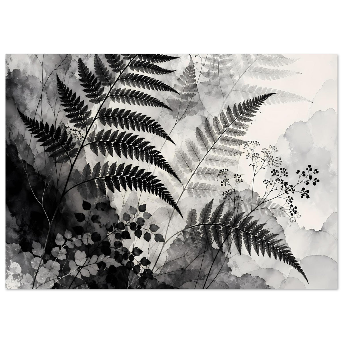 Querformatiges Poster mit Farnzweigen, Wolken-Texturen und Pflanzenmotiven in Schwarz-Weiß