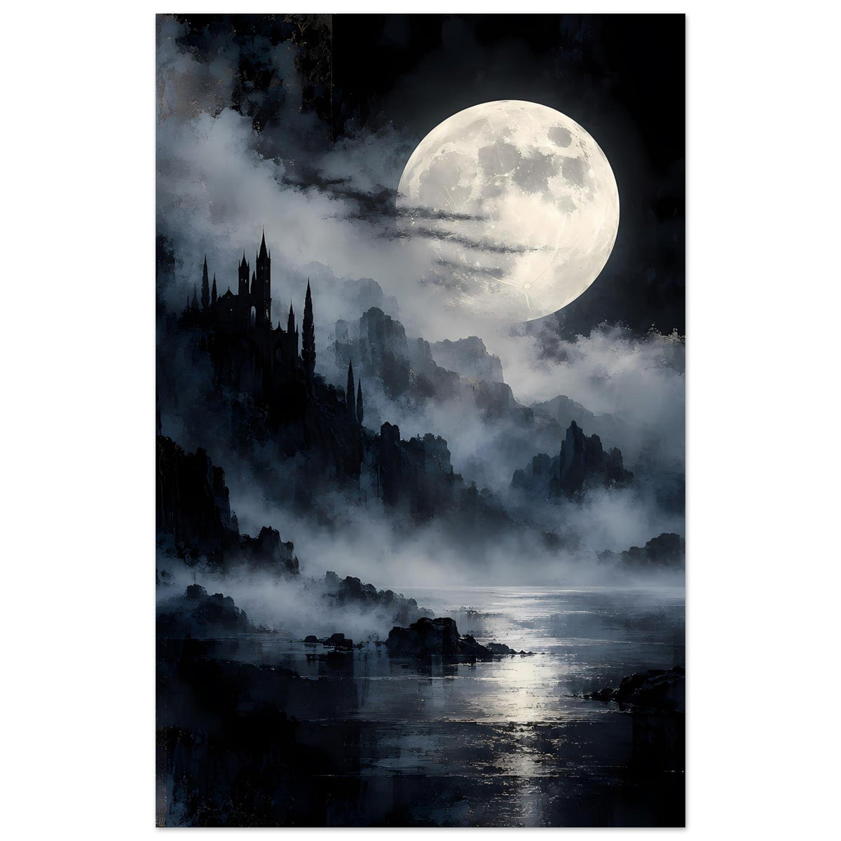 Fantasy-Landschaftsposter im Hochformat: Mond über See, Nebel und gotische Burg