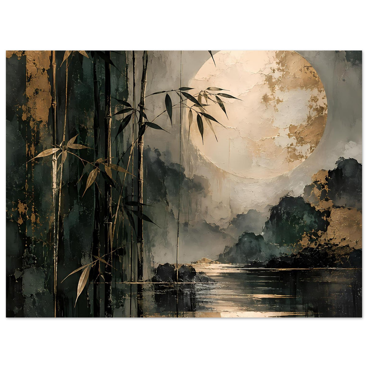 Naturposter: Bambuswald links, großer Mond über Wolken und dunklem Wasser mit goldenen Sprenkeln