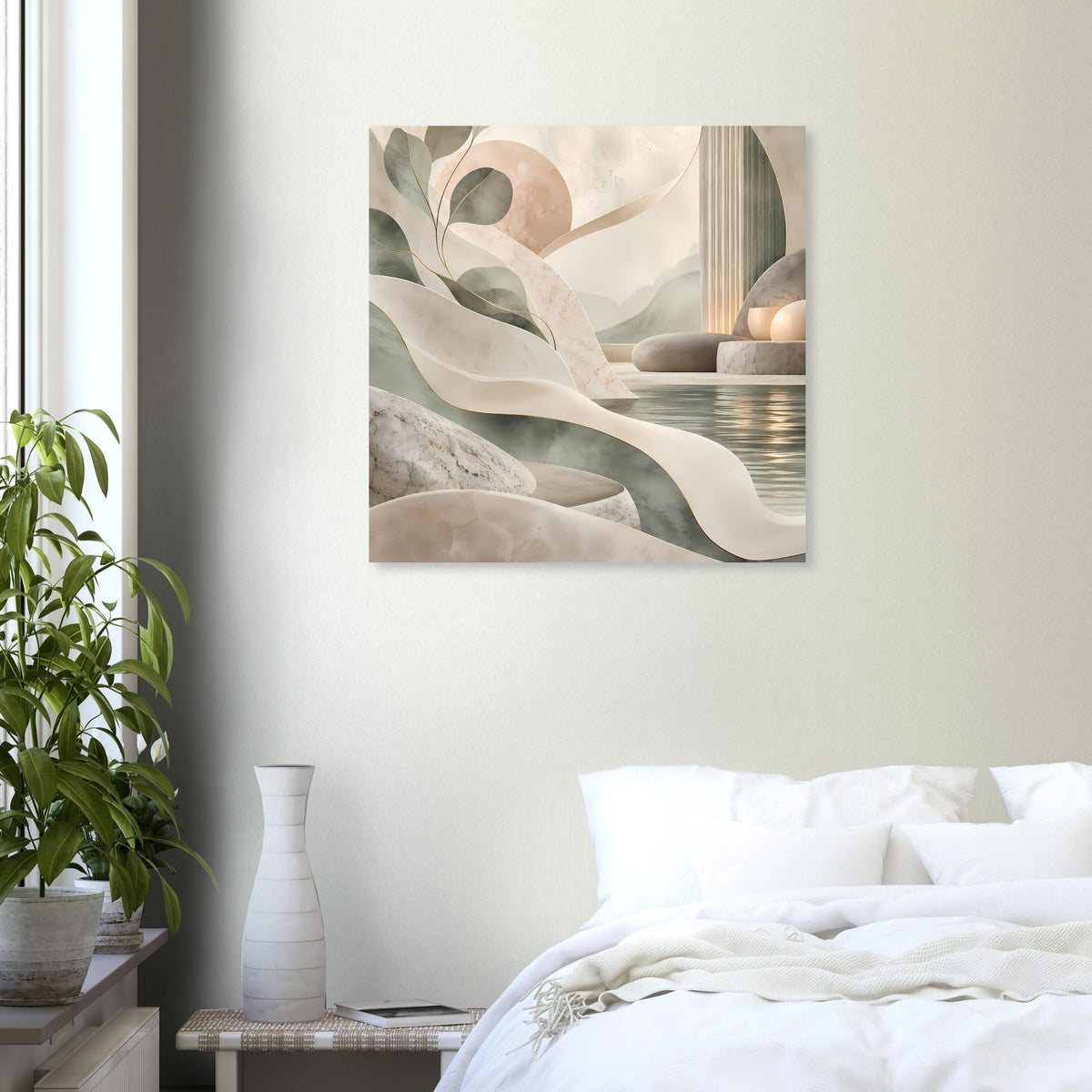 Quadratisches abstraktes Sand-Marmor-Poster mit organischen Formen in Beige und Grün
