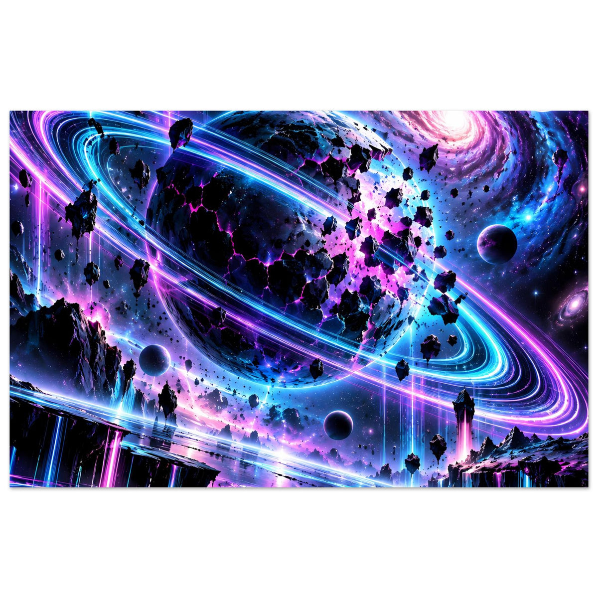 Neon-Galaxie-Poster mit bunten Lichtbahnen, Planeten, Raketen und Silhouetten im Weltraum