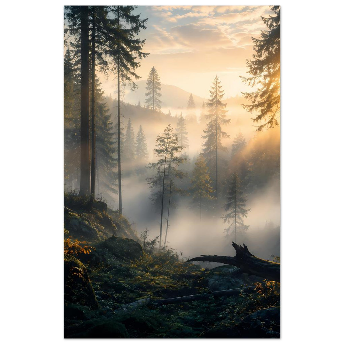 Waldposter im Hochformat mit Sonnenaufgang, hohen Tannen im Nebel und warmem Licht