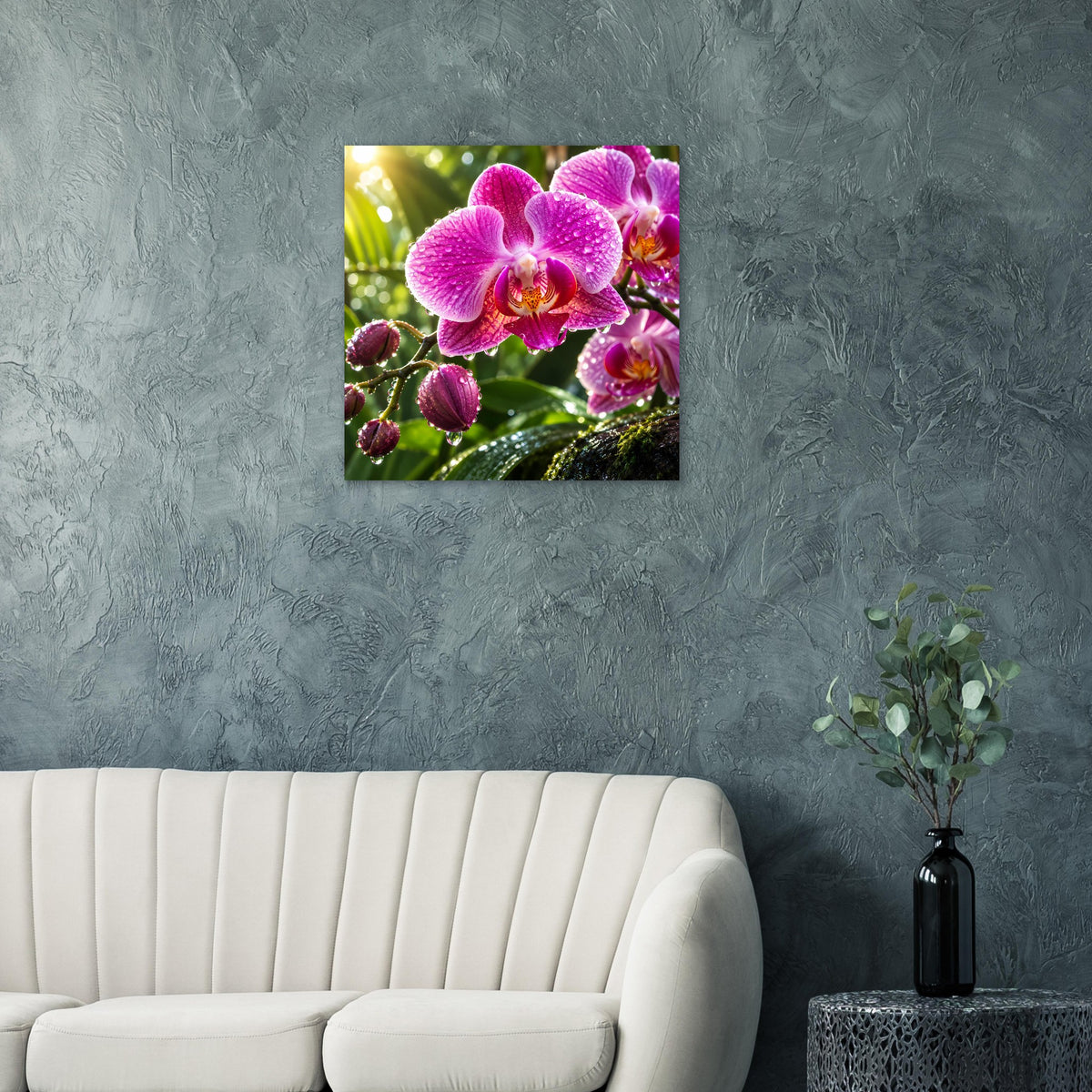 Quadratisches Poster mit pinken Orchideen und funkelnden Wassertropfen an Blüten und Zweigen