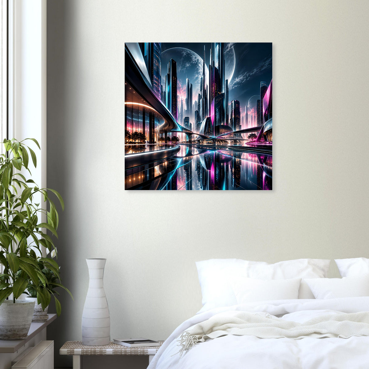 Neon-Stadtposter mit futuristischer Skyline, reflektierendem Fluss und leuchtenden Lichtern