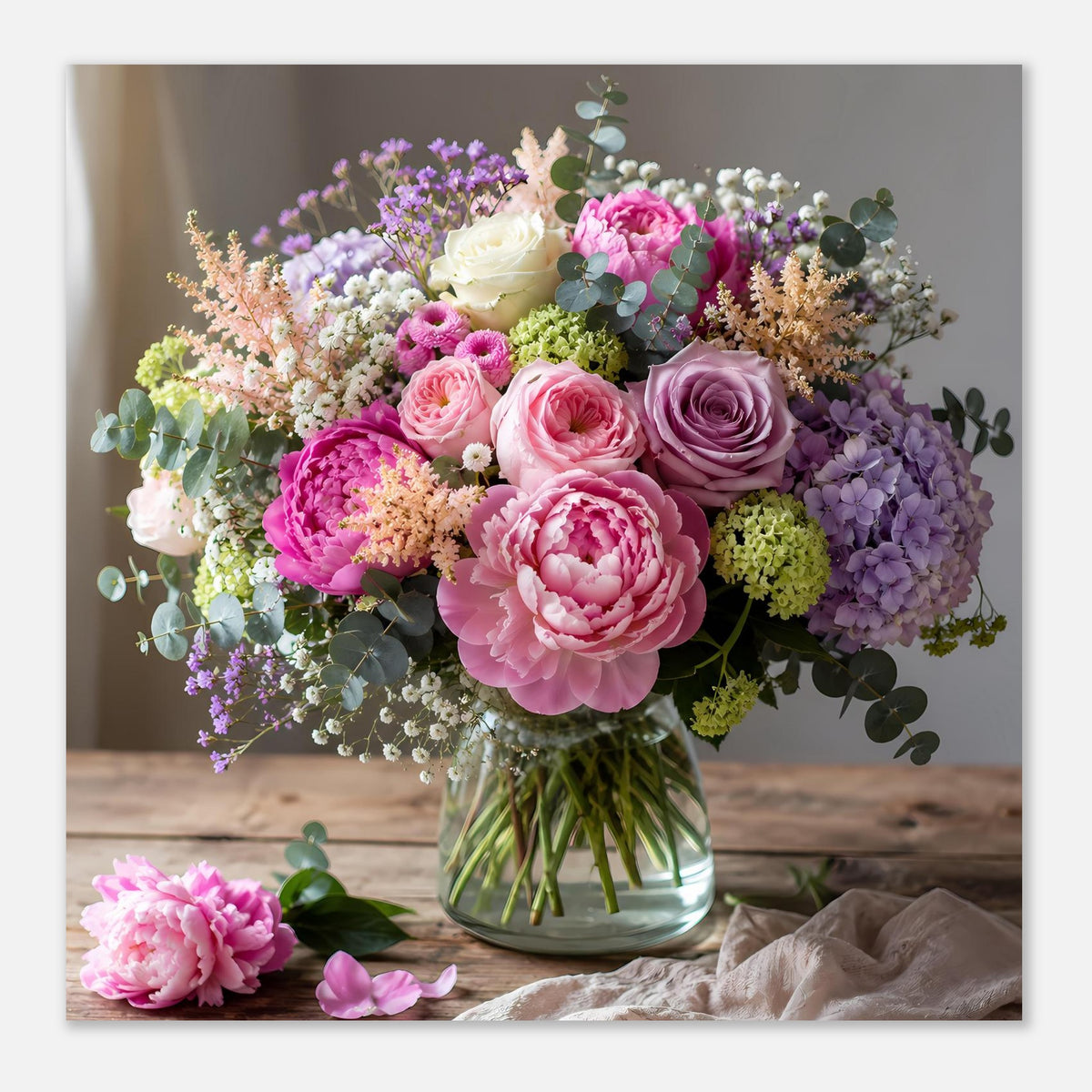 Blumenposter im Querformat mit Pastell-Bouquet aus Rosen, Hortensien und Eukalyptus in Vase