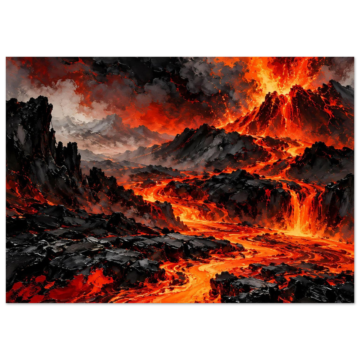 Vulkan-Ausbruch Poster, horizontales Lava-Feuermotiv mit Felsenschlucht und Ascheregen