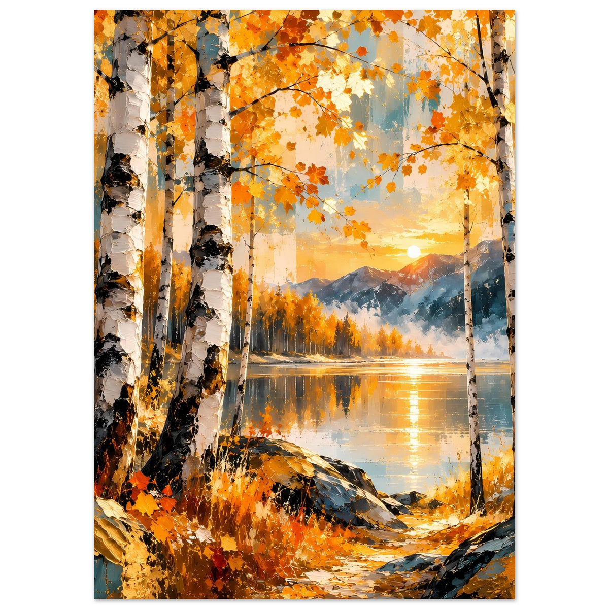 Herbstsonne-Poster mit Birkenwald, Herbstblättern, Felsen am Ufer und glatter Seeoberfläche