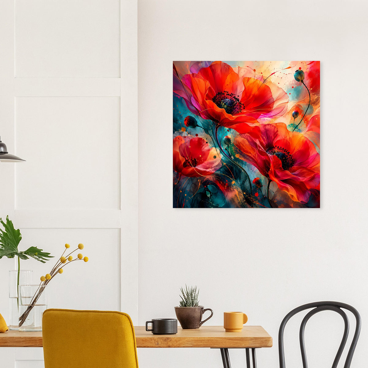 Buntes Blumenposter mit großen roten Mohnblüten, blaugrünen Farbflecken und Sprenkeln