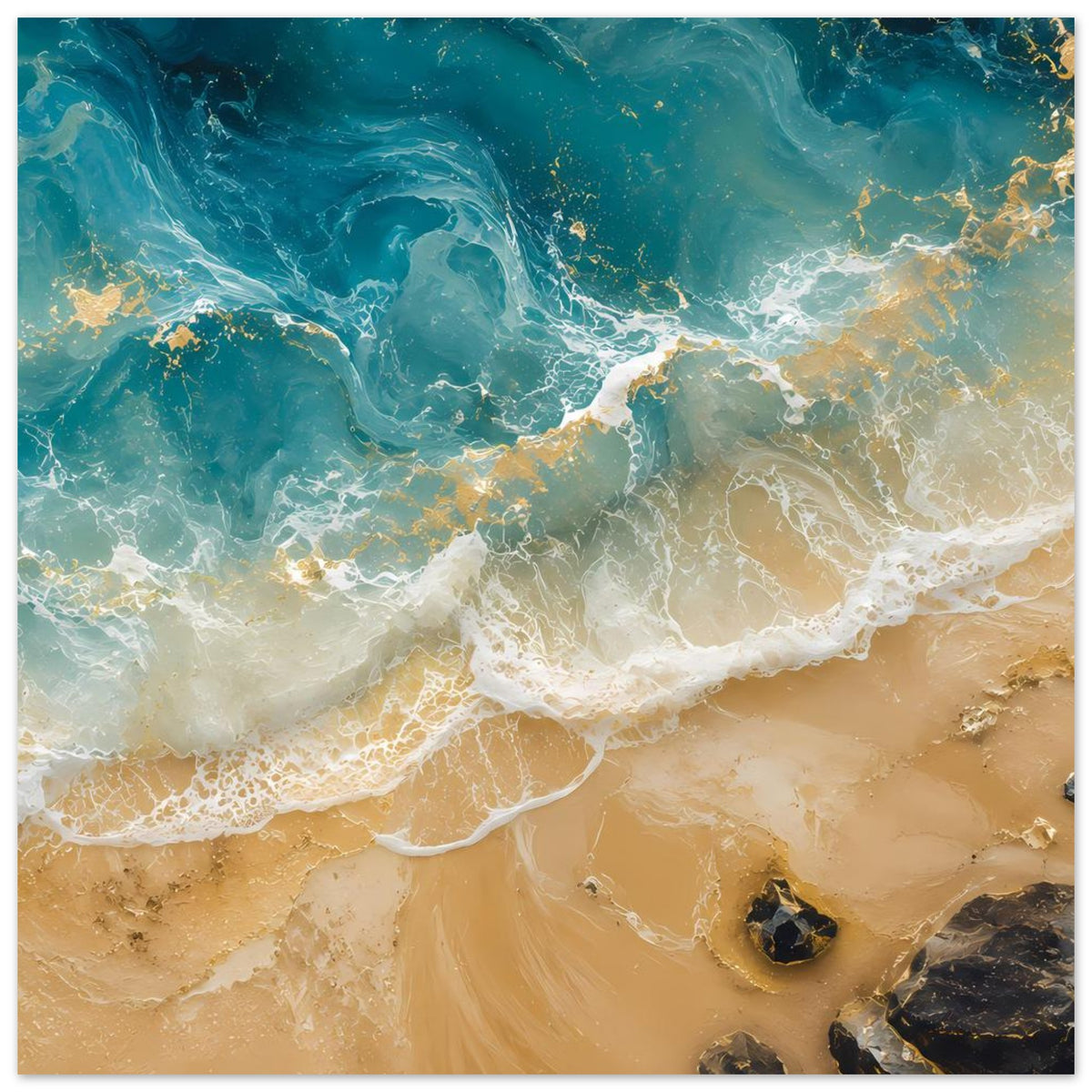 Horizontales Poster mit Ozeanwellen, weißem Schaum und dunklen Steinen im Sand