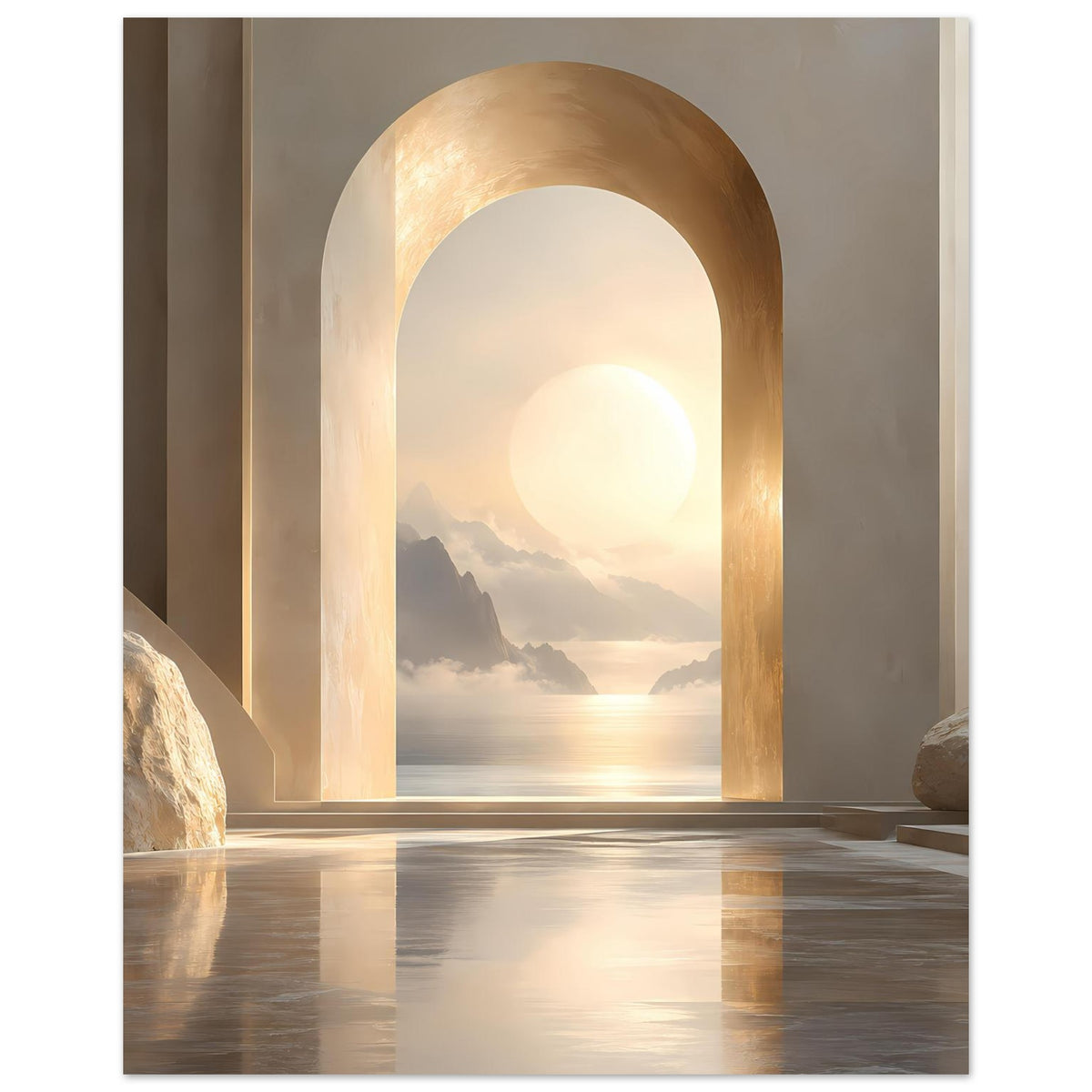 Wandposter im Hochformat mit goldenem Torbogen, großer Sonne über Berglandschaft und Wasser