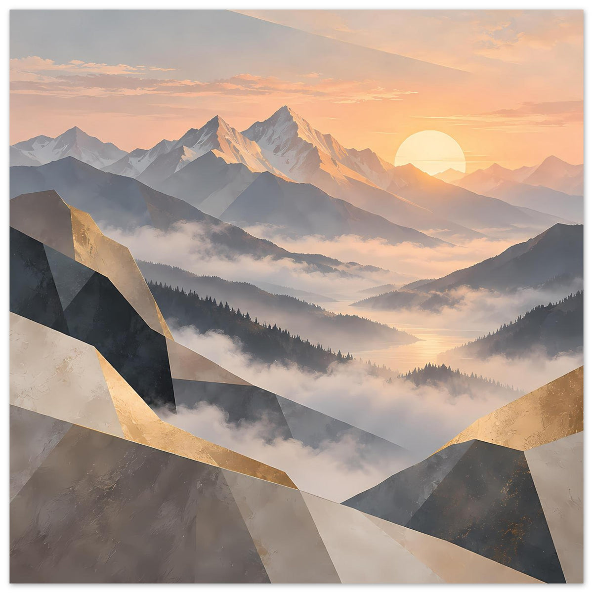 Horizontales Wandposter mit Sonnenaufgang über Bergen, geometrische Bänder und Goldakzente