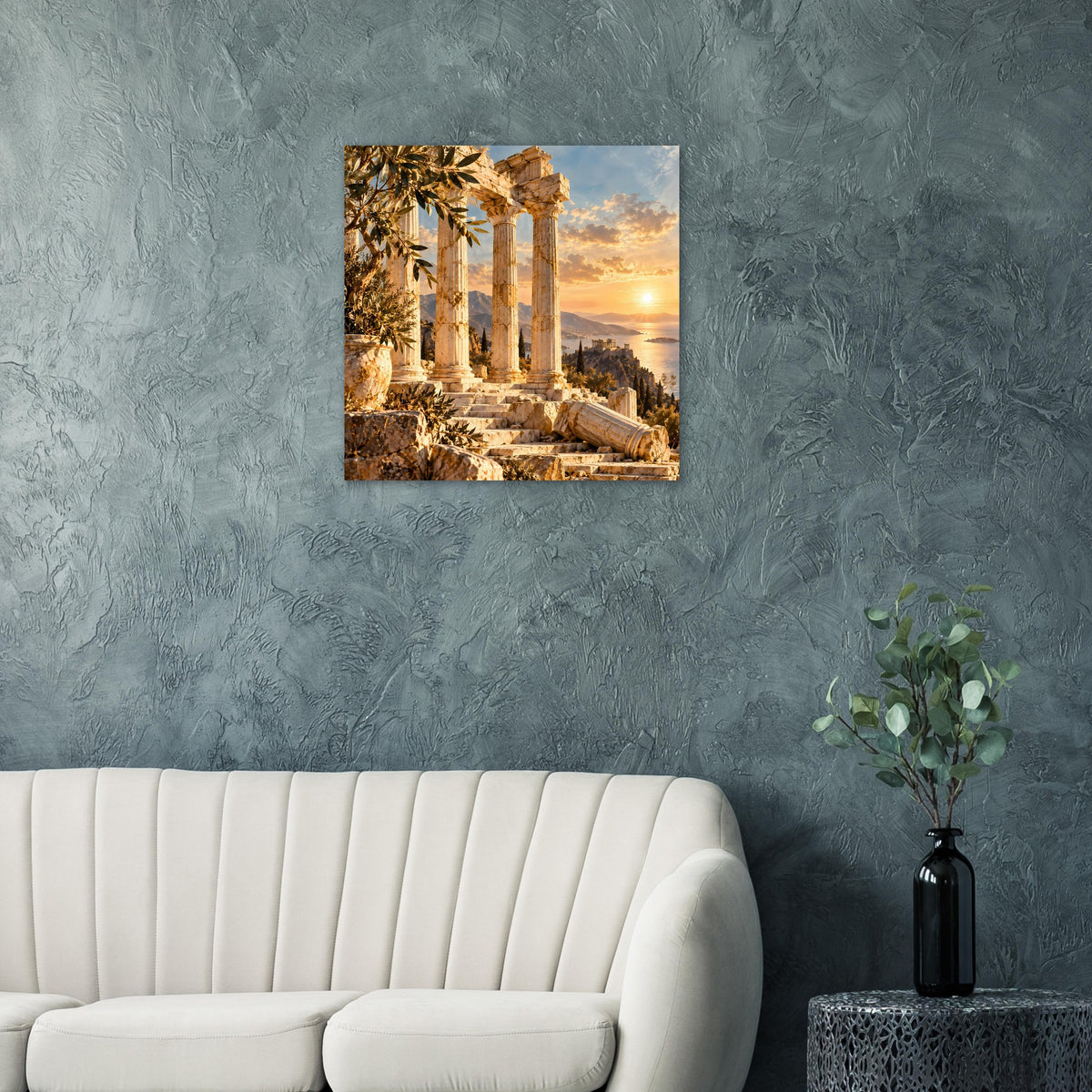 Poster mit antiken Ruinen und Sonnenuntergang, zwischen Säulen